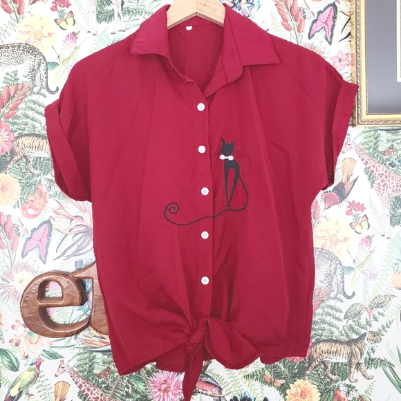 Retro Embroidered Cat Button Down with Tie XL Rockabilly - Picture 7 of 7